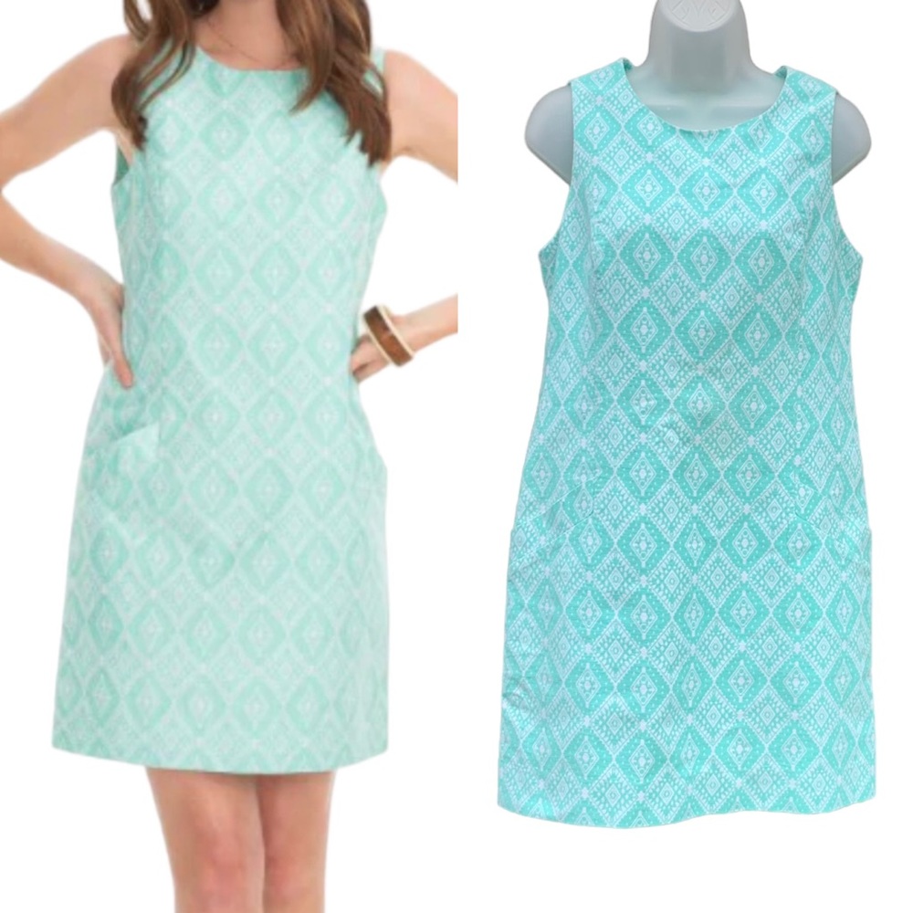 SOUTHERN TIDE Size 4 Teal & White Paislee Ikat Jacquard Sleeveless Shift Dress